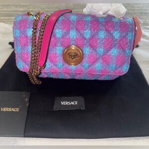 NWT $1500 VERSACE  TWEED CHECKERED WOOL LUREX SHOULDER BAG GOLD HARDWARE